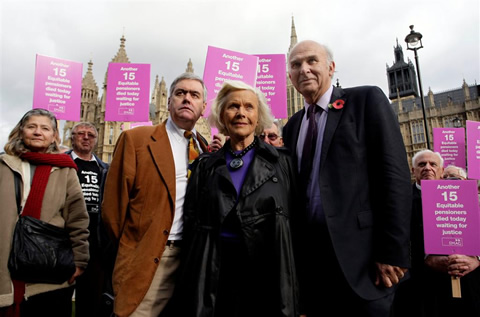 Honor Blackman joins Equitable Life victims  for pensions demo